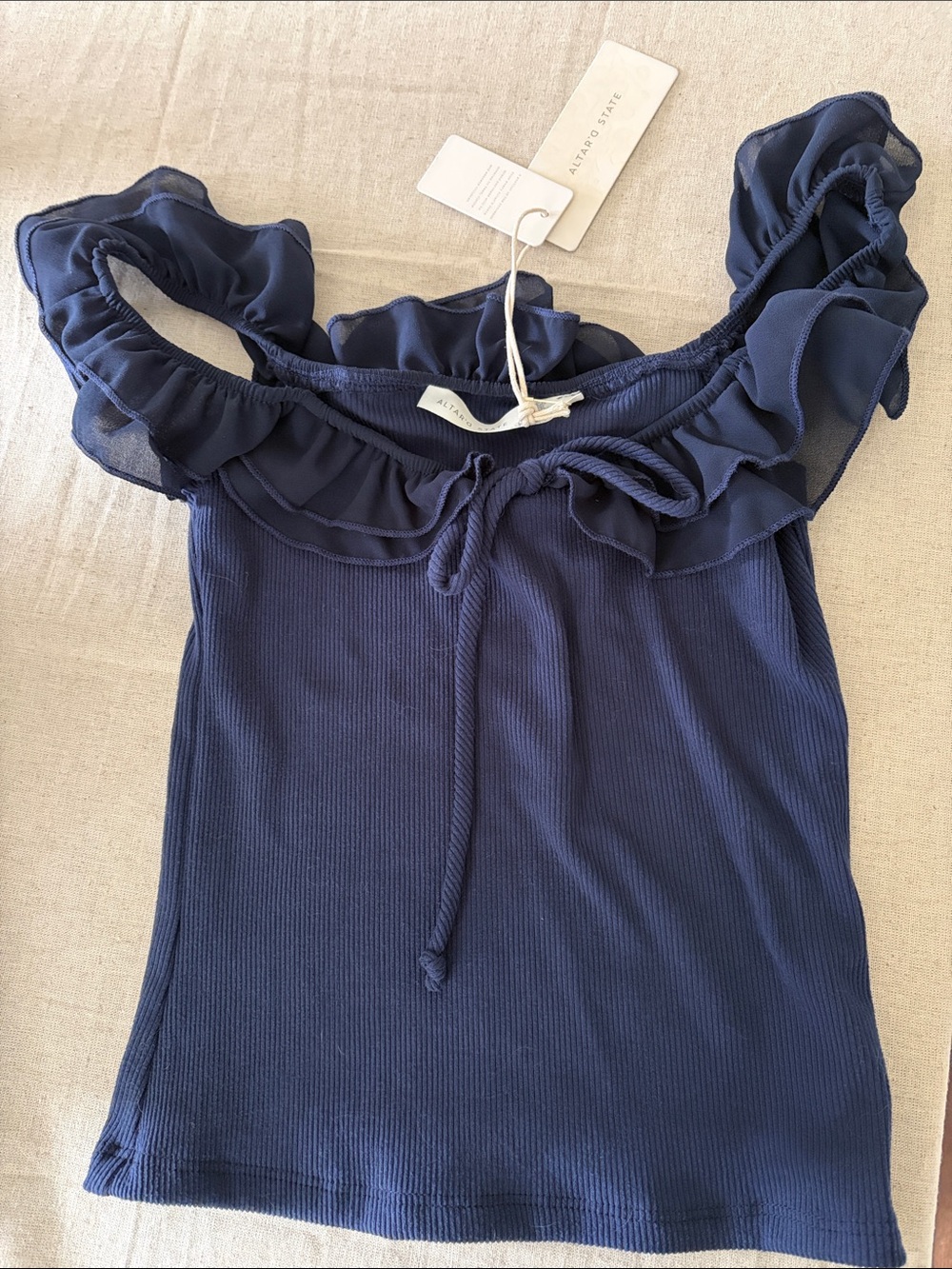 Altar'd State Navy Ruffle-Trim Ribbed Tank